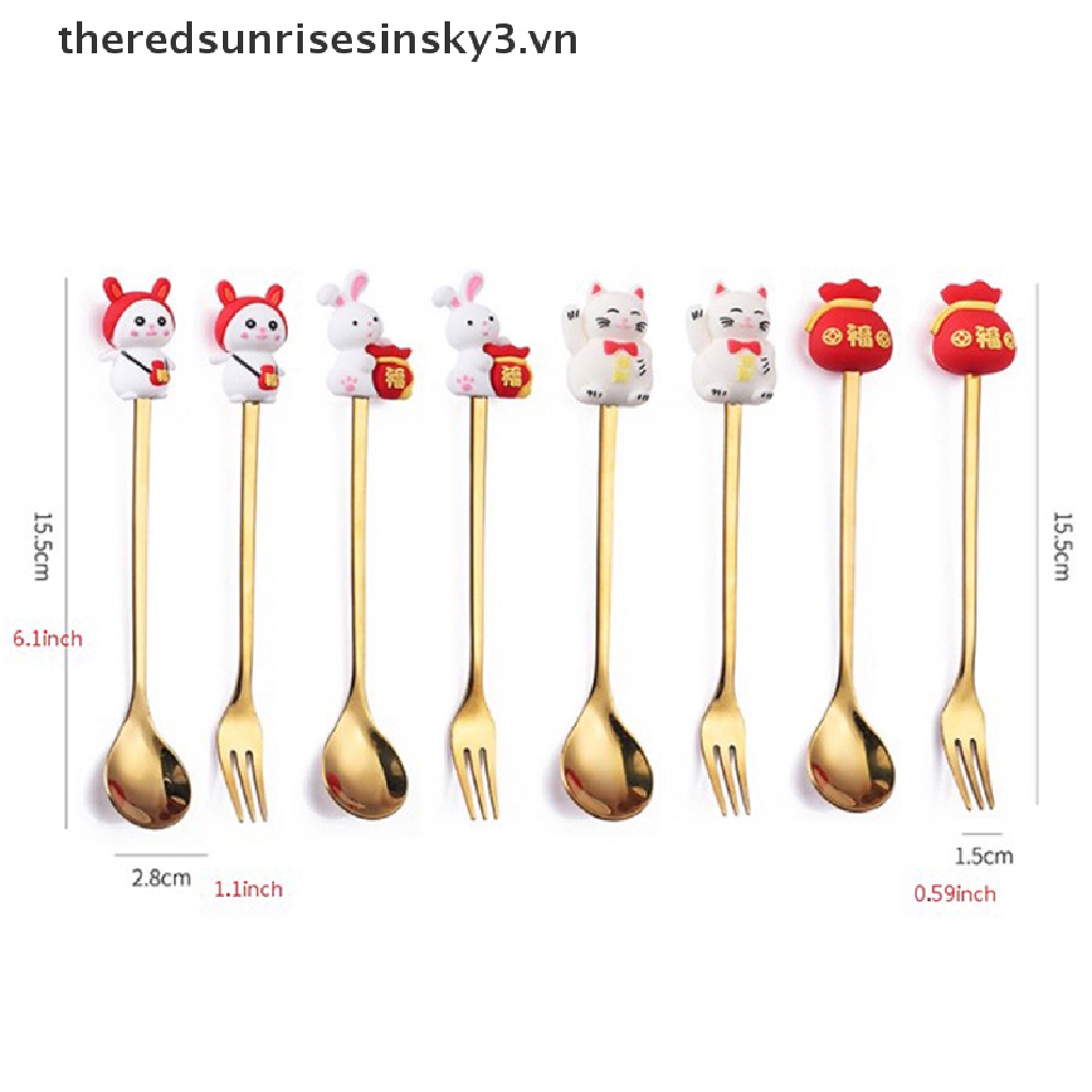 * * Mèo * * Bộ Muỗng Nĩa Ăn Tráng Miệng Hình Thỏ Hoàng Đạo Năm Mới Trung Hoa Làm Quà Tặng