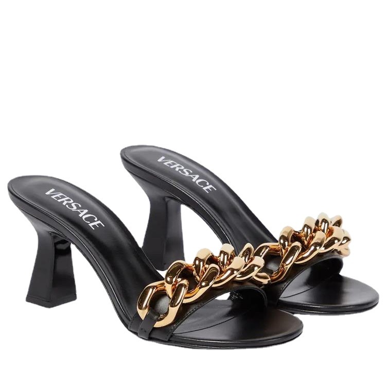 【EVEANOBQY】Giày Cao Gót Mũi Tròn Phối Dây Xích Kim Loại Thời Trang Mùa Hè 2023 Dành Cho Nữ