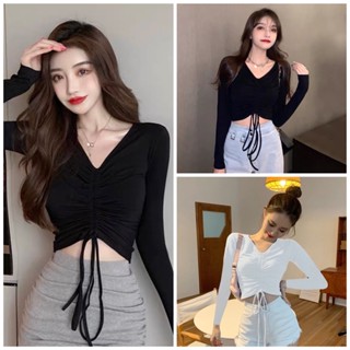Áo kiểu thun croptop tay dài cổ tim rút dây cho nữ siêu dễ thương