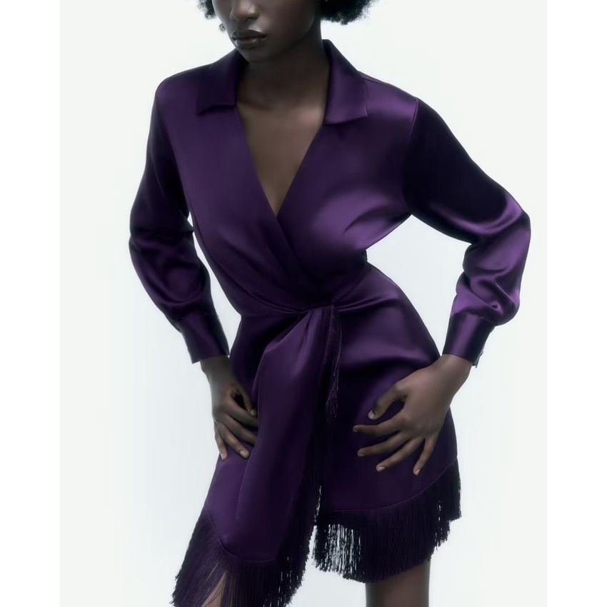 Zara Đầm Lụa satin Phối Tua Rua Thời Trang Mùa Thu Cho Nữ 2081845