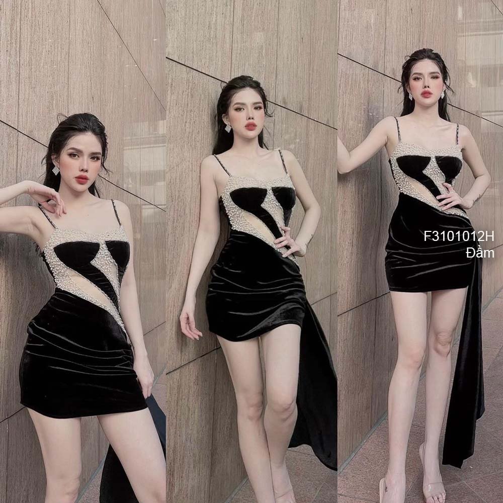 Đầm body 2 dây có cúp đính ngọc tà rũ bèo bên form ngắn !
