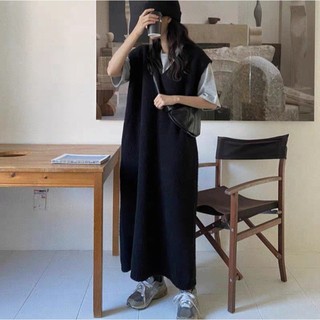 [ogniM Seoul] Đầm gile len dài dáng suông cổ chữ V phong cách Hàn Quốc (Made in Korea)