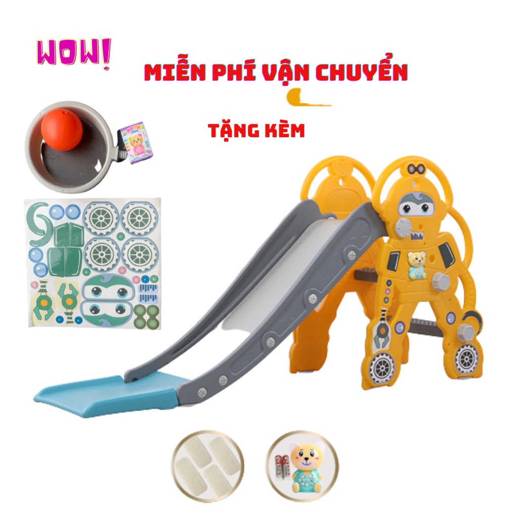 Cầu trượt cho bé trong nhà hình ro bot TẶNG gấu phát nhạc,bóng rổ mẫu 2023