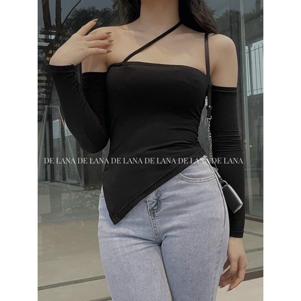 Áo kiểu hở vai cổ dây phối vạt áo chéo phong cách