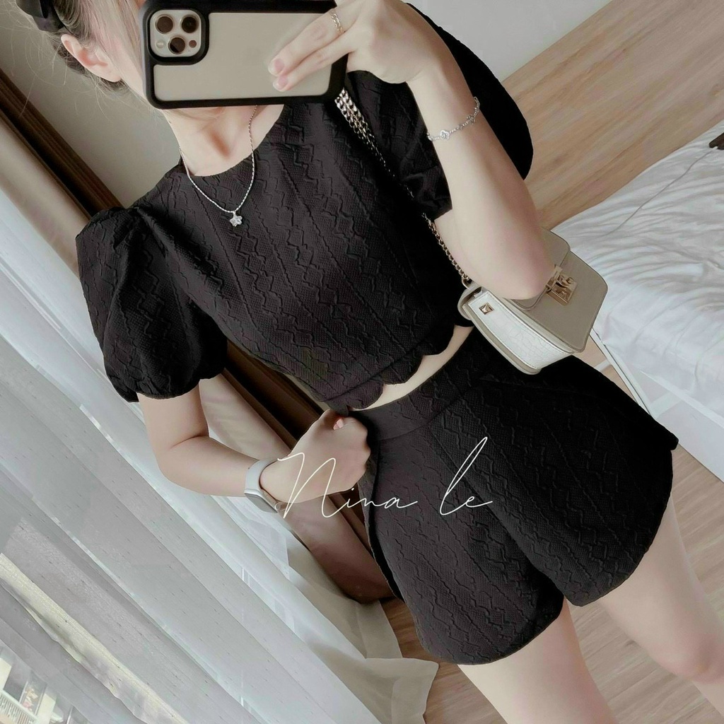 Set đồ nữ gấm áo croptop phối quần đùi dễ thương tôn dáng thời trang