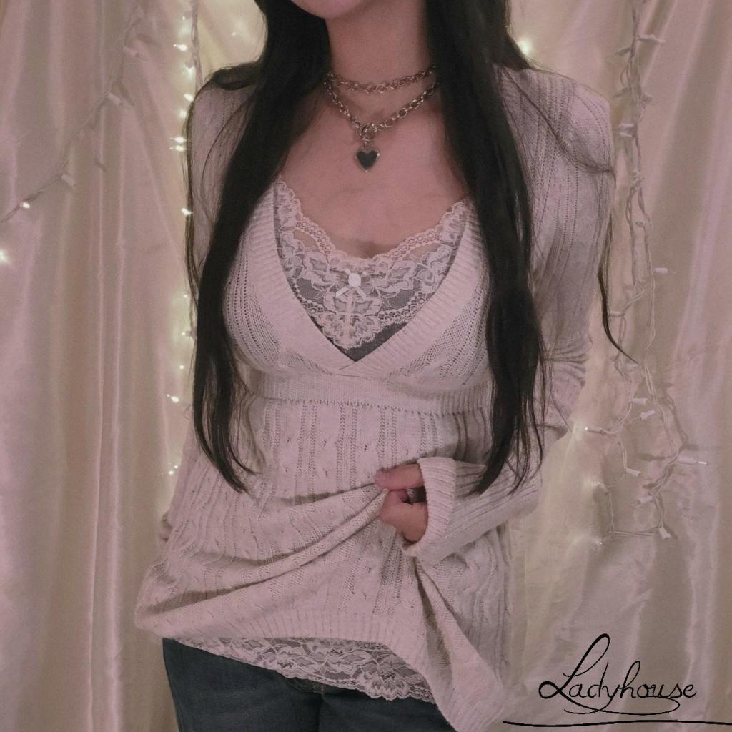 Áo Thun Dệt Kim Tay Dài Cổ Chữ V Sâu Màu Trơn Thời Trang Mùa Thu Cho Nữ