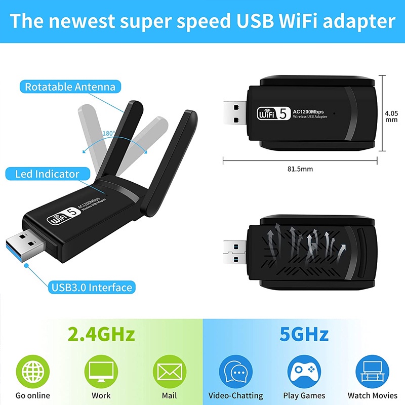 USB thu sóng WiFi 1200Mbps 3.0 băng tần kép 2.4G / 5Ghz 5dBi cho PC / Laptop / | BigBuy360 - bigbuy360.vn