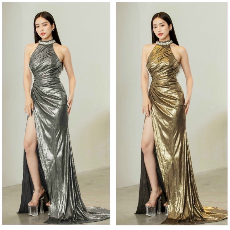 ĐẦM DẠ HỘI NHŨ CỔ YẾM KHOÉT EO KẾT ĐÁ CAO CẤP
