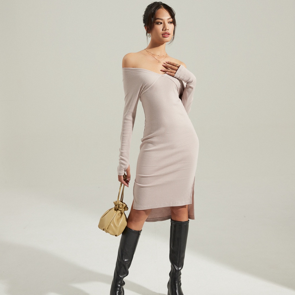 Đầm MAYBI ôm thun gân cổ thuyền (Không kèm belt)