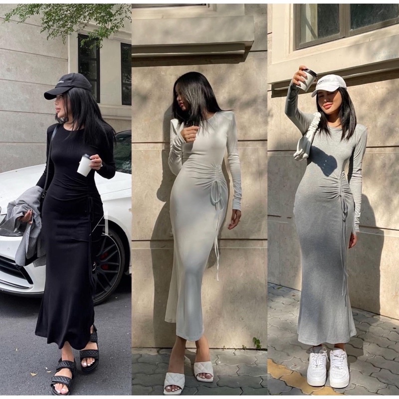 Đầm ôm body cổ tròn tay dài dáng dài rút dây hông cực tôn dáng