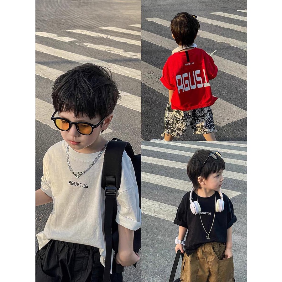 Áo thun ngắn tay cotton chữ AGUST.16 cá tính cho bé