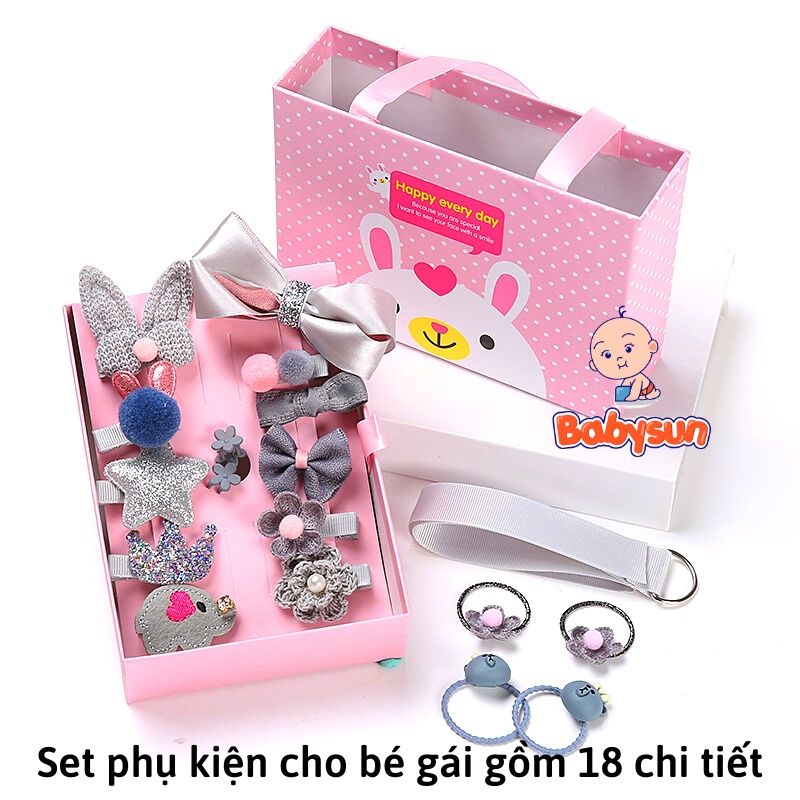 Bộ cặp tóc set nơ 18 chi tiết cho bé gái có hộp đựng làm quà siêu xinh- set phụ kiện kẹp tóc