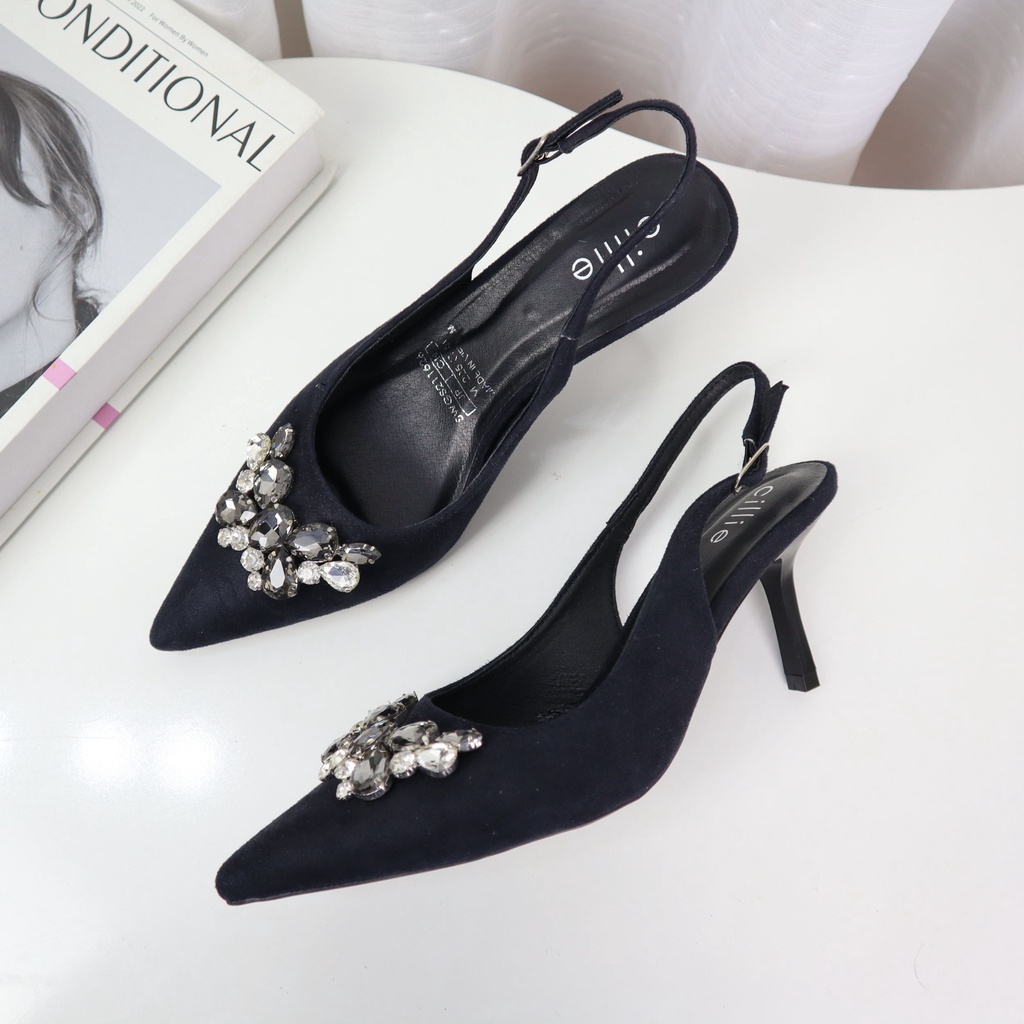 Giày cao gót slingback nữ mũi nhọn thời trang đính đá nổi bật gót nhọn thanh lịch cao 7cm đi tiệc đi làm Cillie