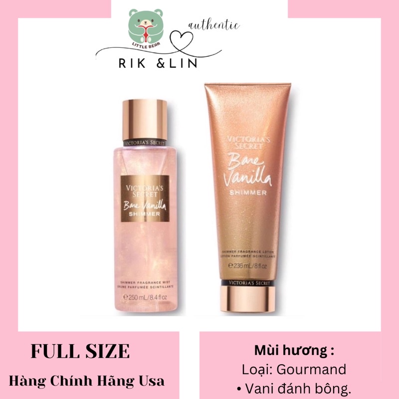 Auth | BARE VANILLA SHIMMER | Full size _Xịt Thơm Nhũ Dưỡng Thể Victoria’s Secret