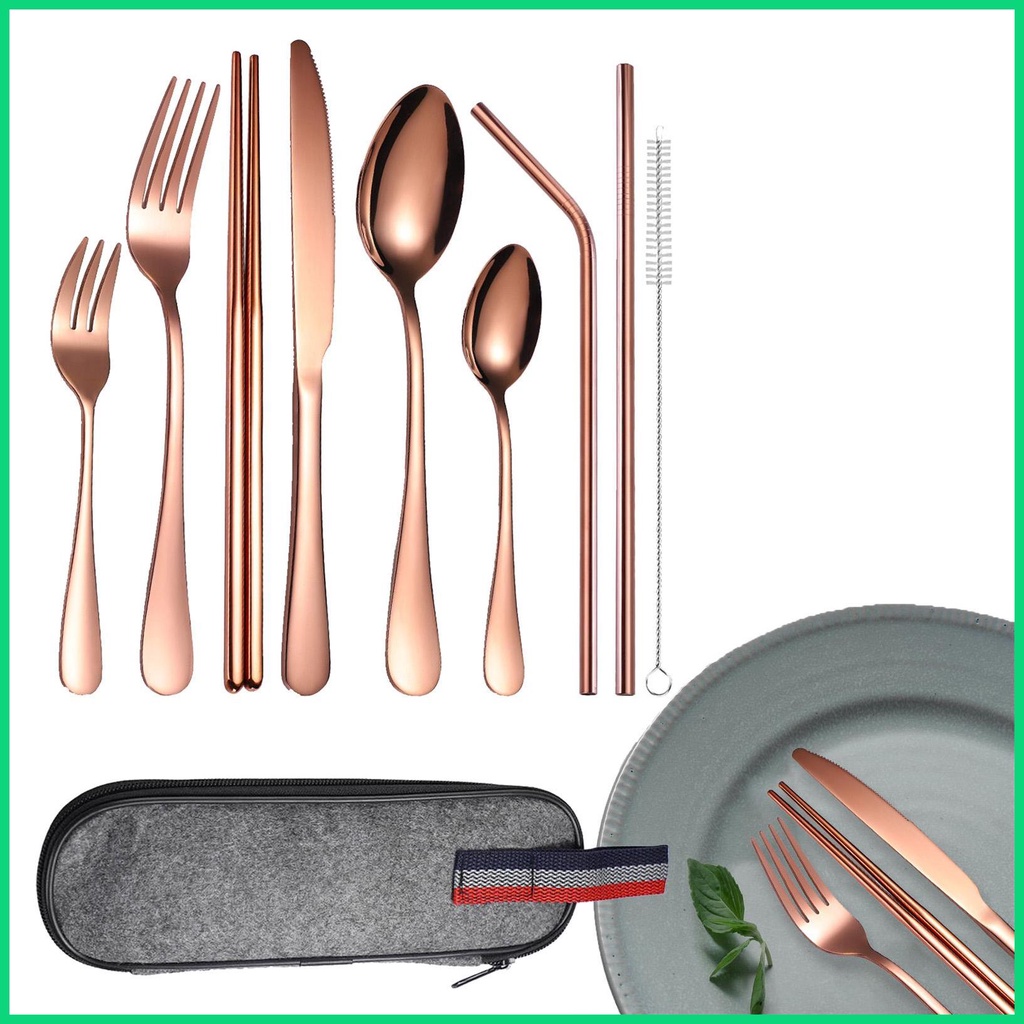 Bộ 9 Món Muỗng Nĩa Bằng Thép Không Gỉ Di Động Dễ Lau Chùi