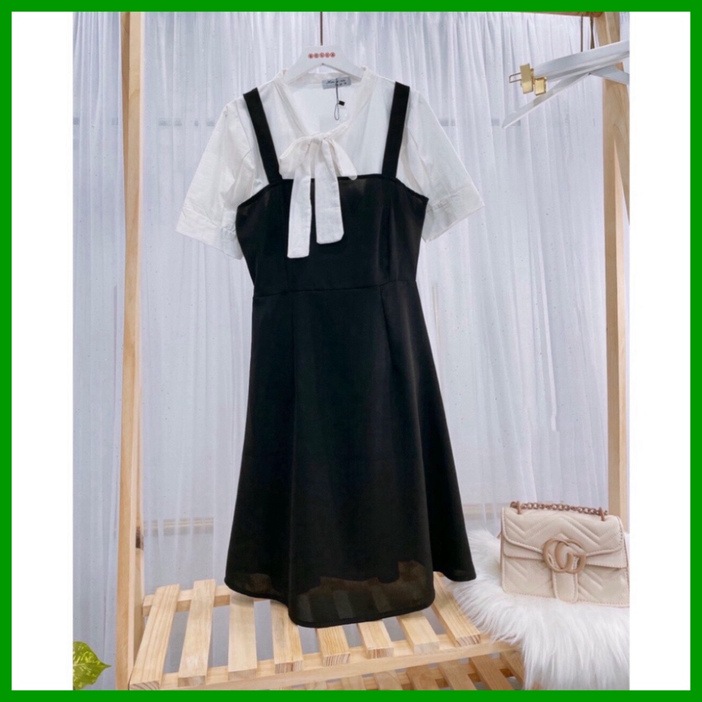 Bộ Đầm Yếm Đen Nữ + Áo Sơ Mi Nơ Ngực 🦋 Set Áo Trắng Sơ Mi Cột Nơ Mix Váy Nữ 2 Dây Cộc Tay Dáng Ngắn 👗