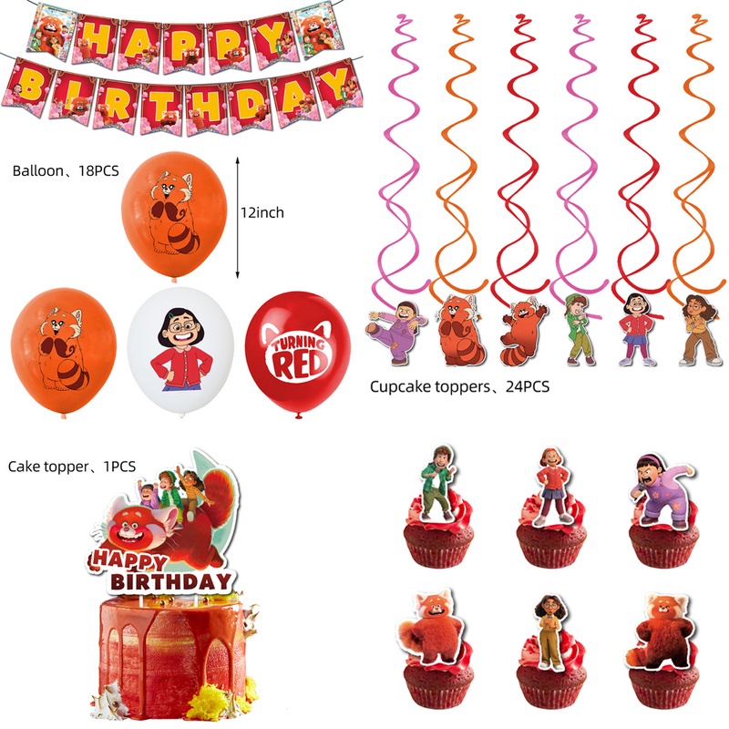 Ready Stock！Turning Red Banner,Cake Topper Balloons Turning Red Panda Birthday Party Supplies Party Decorations