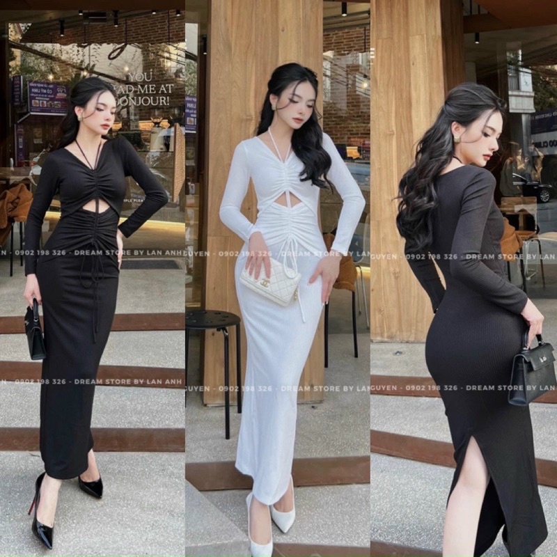 Đầm Rút Dây Giữa Bụng - Tay Dài Cổ V Choàng Dây Cổ Yếm Khoét Hở Ngực - Dáng Dài Maxi Xẻ Tà Form Ôm Body Sexy Sang Chảnh