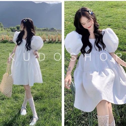 Đầm babydoll trắng cổ vuông dáng ngắn tiểu thư KUDOSHOP Váy tay ngắn form rộng phong cách hàn quốc