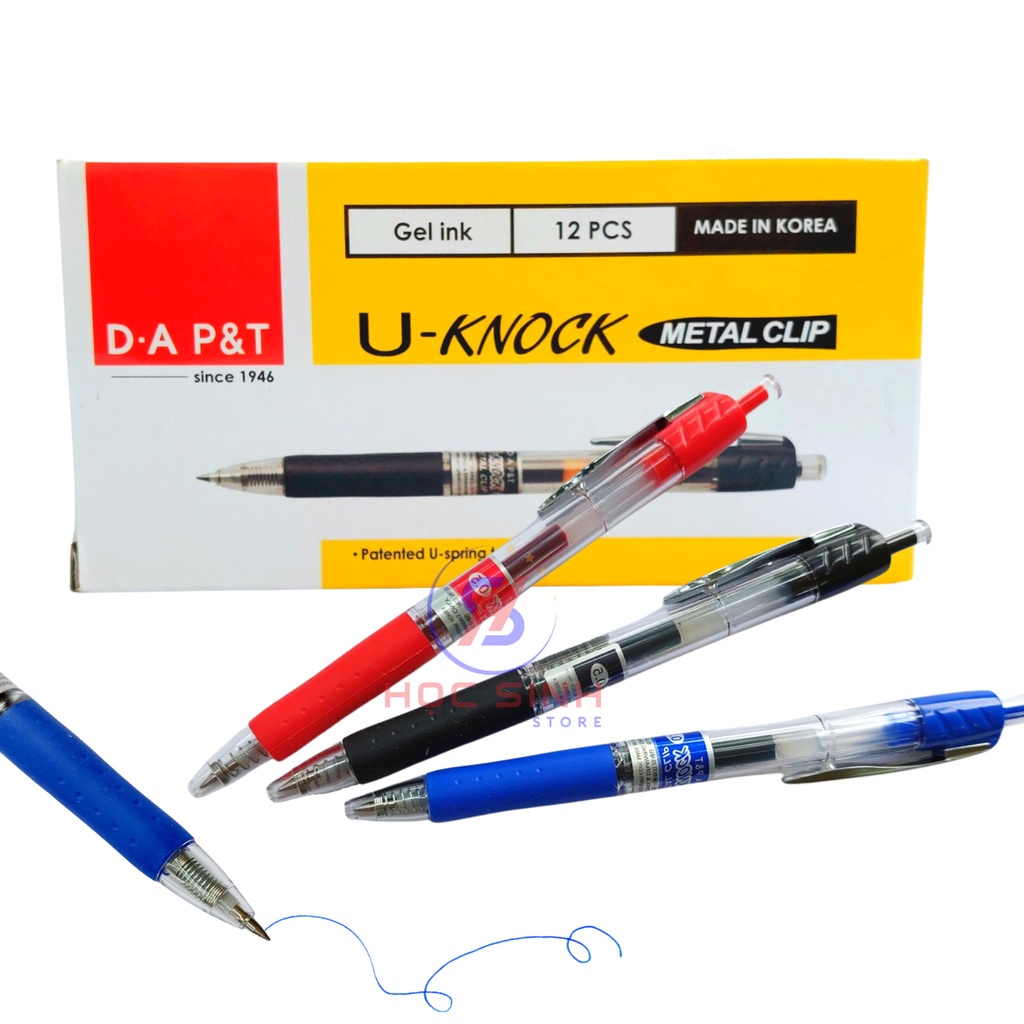 Hộp 12 Cây Viết Bi Bấm Mực Gel U-Knock 0.5mm ( Xanh, Đỏ, Đen ) - Học Sinh Store