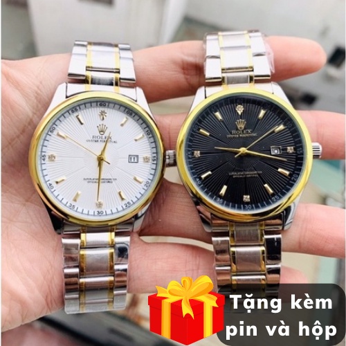 Đồng hồ nam dây kim loại, đồng hồ dây kim loại viền màu vàng roleck size 40 mặt trắng đen ocdong.store