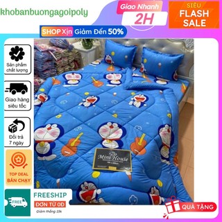 Bộ chăn phao ga gối 4 món 2mx2m2 cotton poly,mẫu doremon đàn