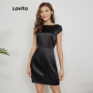 Lovito Váy satin có mũ trơn thanh lịch L24ED078 (Đen)