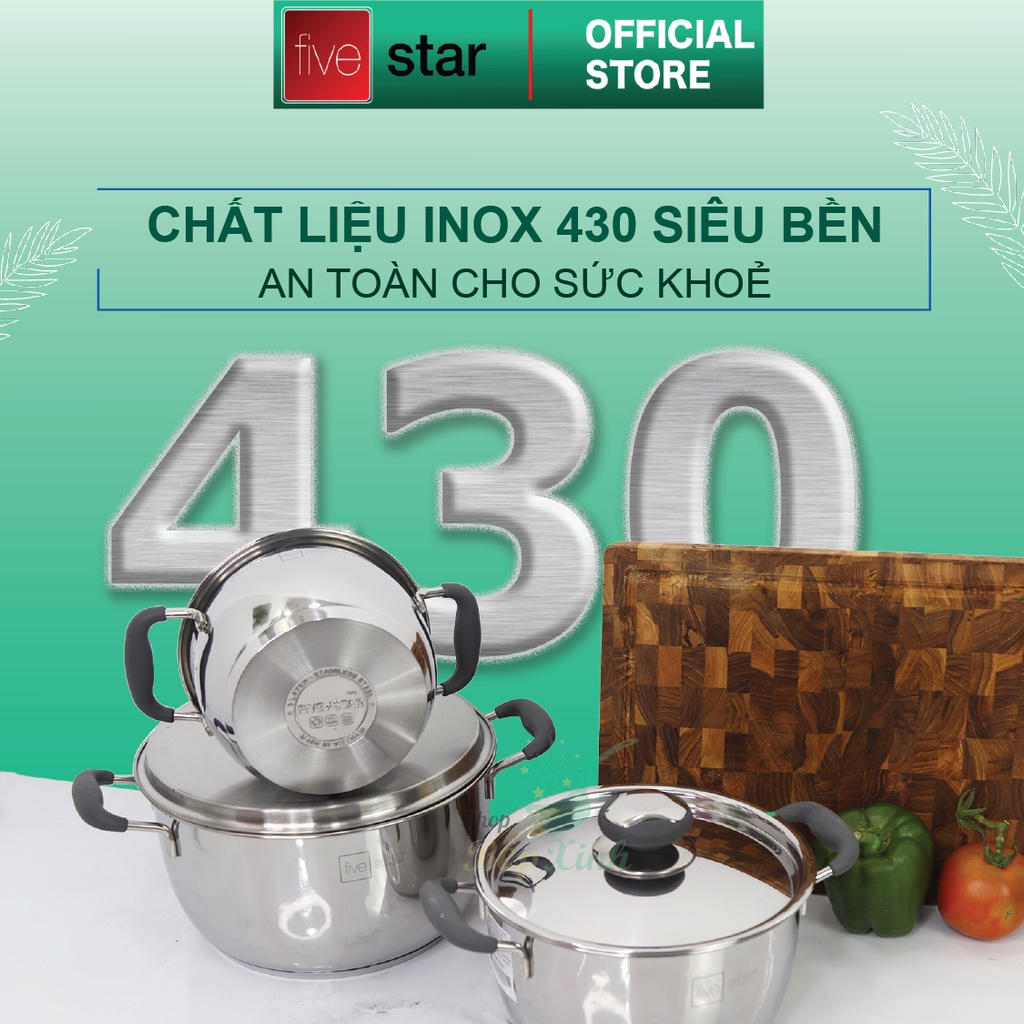 Nồi 3 đáy inox 430 cao cấp Fivestar Standard quai silicon chống nóng nắp inox (16cm / 20cm / 24cm)