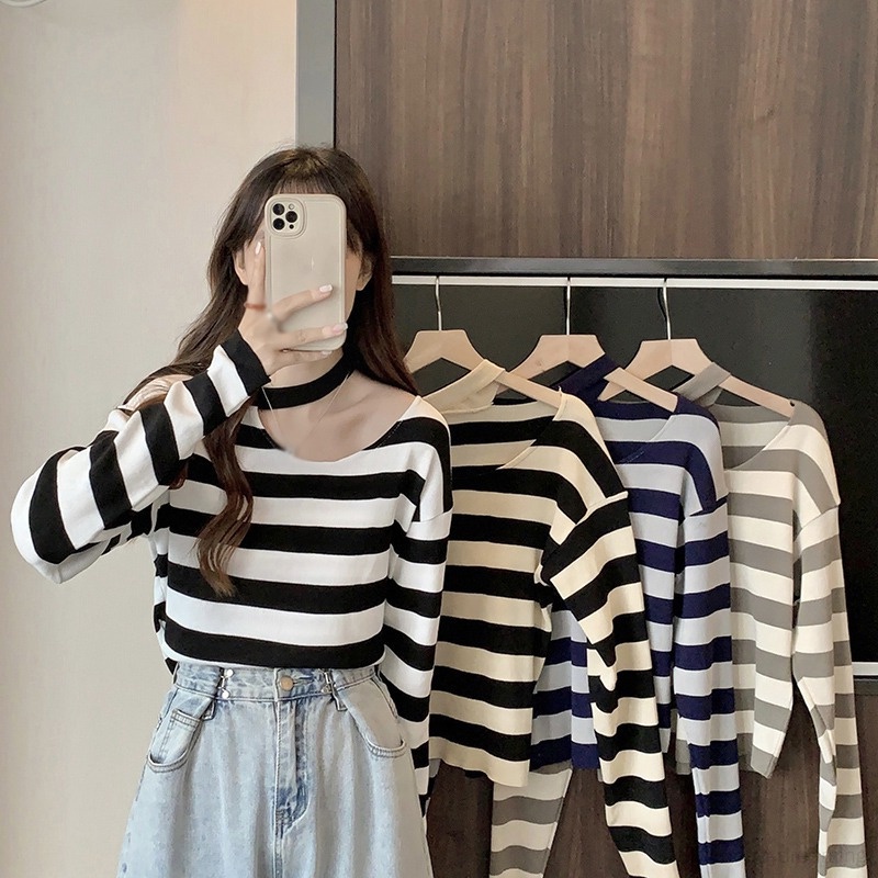 Áo Sweater Tay Dài Hoạ Tiết Kẻ Sọc Thời Trang Xuân Thu Cho Phái Nữ