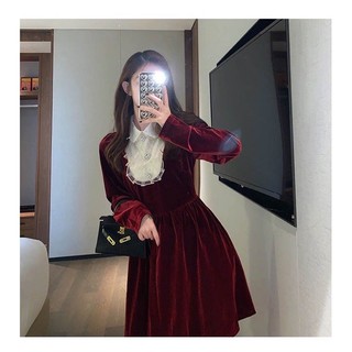 Váy nữ màu đỏ tay dài cổ sơ mi viền tiểu thư, Đầm mặc tết noel chất nhung mịn phối voan tơ cao cấp
