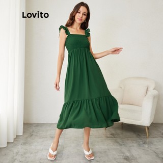 106DP-1221de-Lovito Váy trơn đơn giản có tay xếp nếp có bèo L24LD029 (Xanh lá cây)