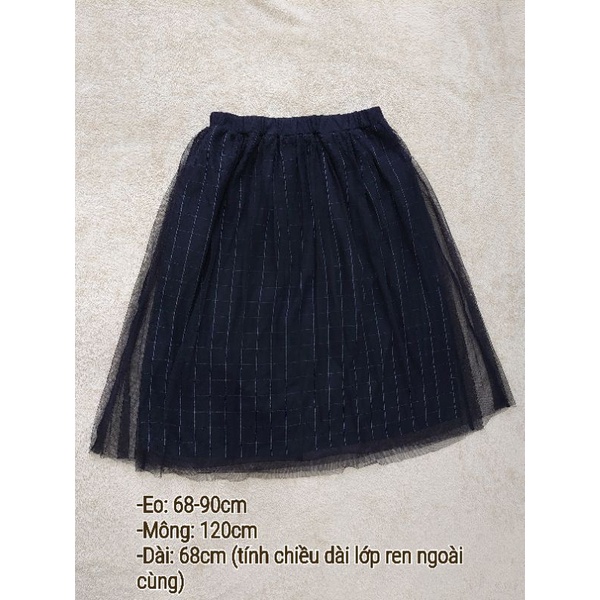 Chân váy/Váy voan lưới hiệu Earth dáng xòe màu đen kẻ sọc ca rô cạp thun co gian 3 lớp - Secondhand - 2hand - Used goods