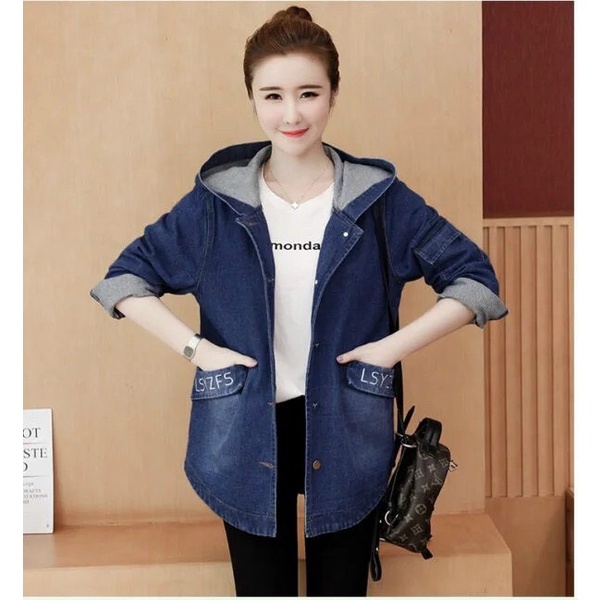 áo khoác jean nữ áo bò chống nắng cotton xanh vừa vặn có mũ nón có size M,L