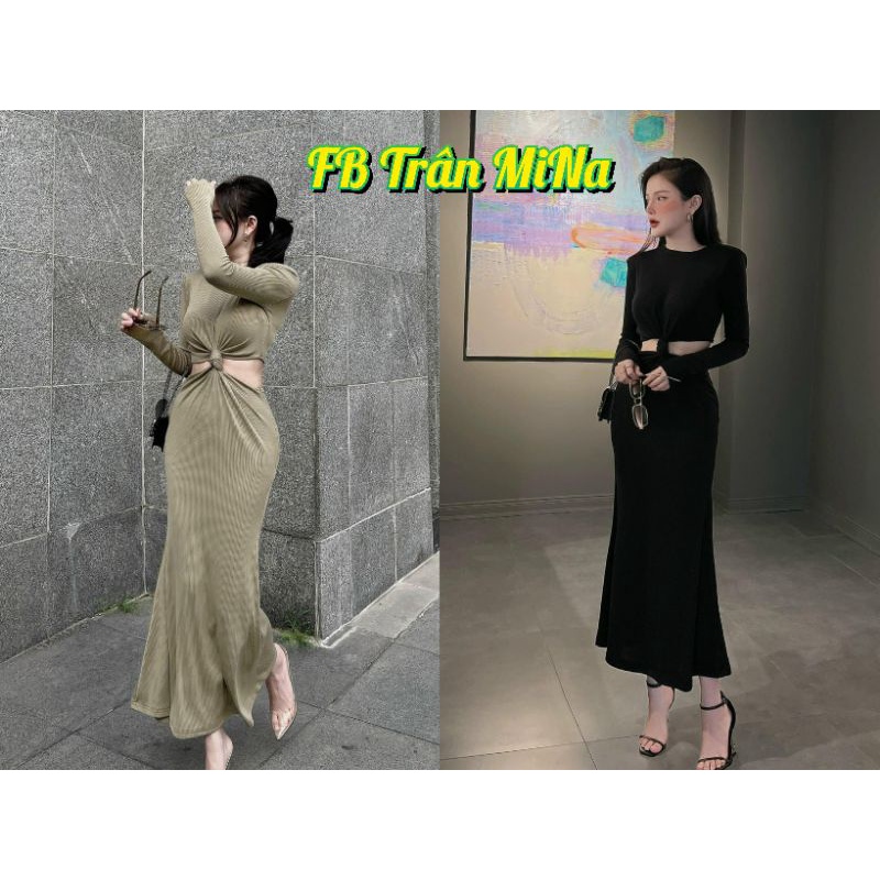 Đầm xoắn eo hai màu tay dai