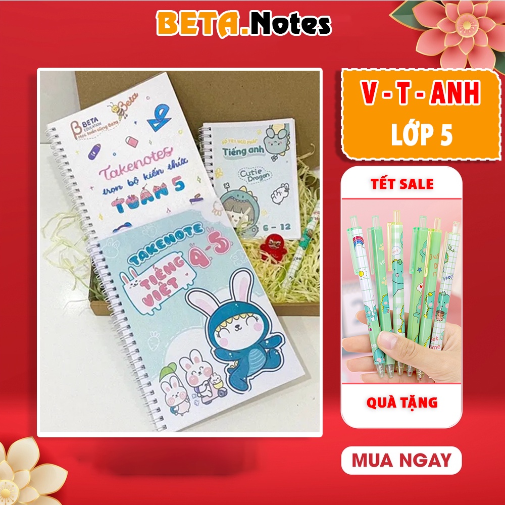Combo 3 sổ takenotes Tiếng Anh, Tiếng Việt, Toán lớp 5, sổ tay kiến thức trang trí sticker dễ thương của takenote beta
