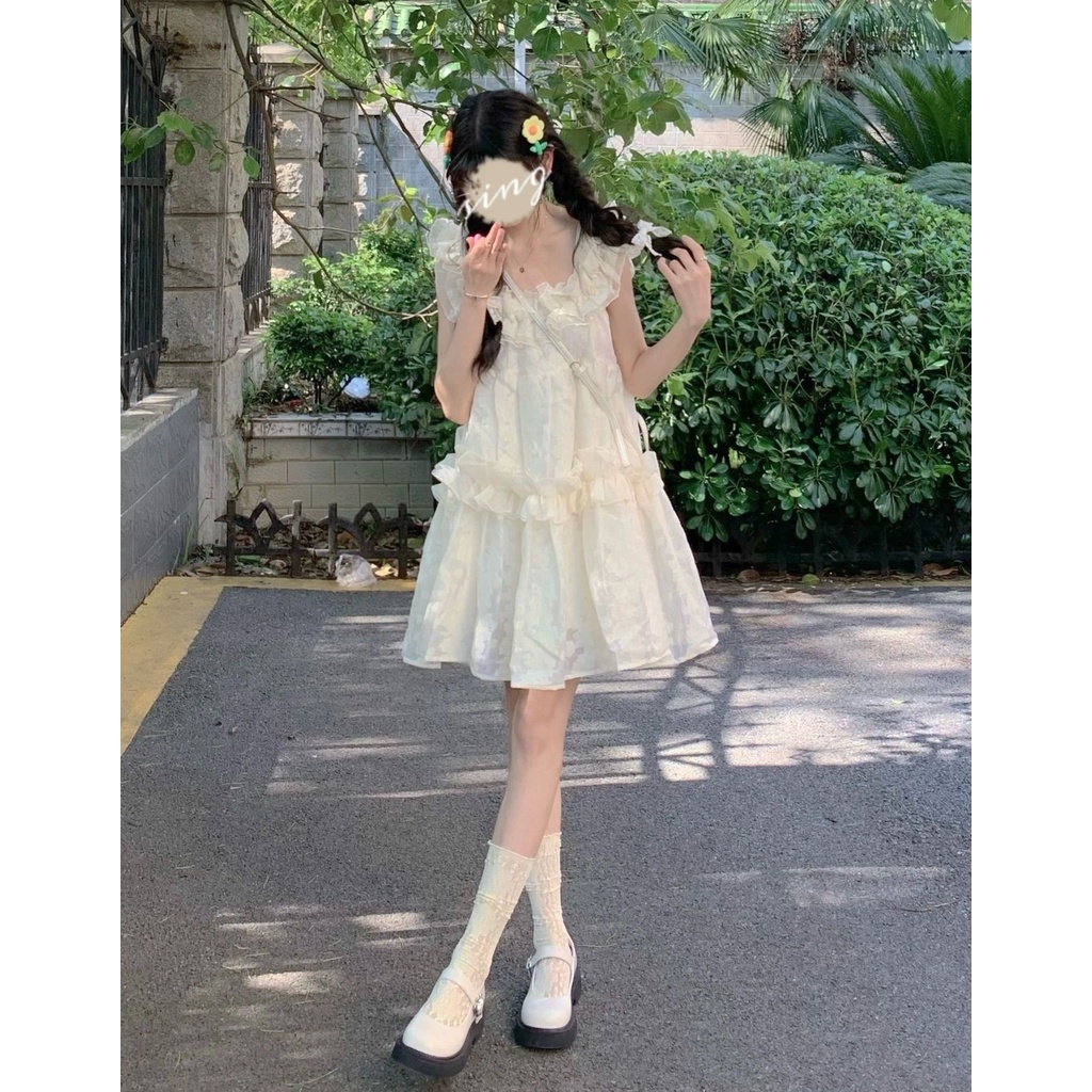 Đầm Trắng Công Chúa V042 2 tầng hở vai 2 dây dáng xòe Váy ngắn thiết kế trễ vai sang trọng Vintage Tiểu Thư