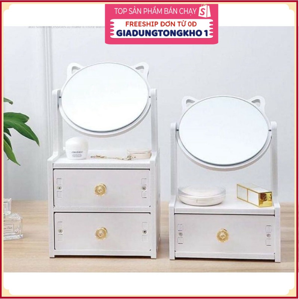 Kệ mỹ phẩmGIADUNGTONGKHO1Kệ mỹ phẩm gương tai mèo kèm gương, Tủ mỹ phẩm đồ trang điểm mini bằng gỗ 2 tầng tiện lợi