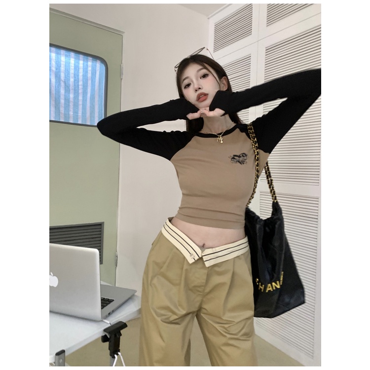 Áo Thun Tay Ngắn Dáng Ôm In Họa Tiết Màu Sắc Tương Phản Thời Trang Mùa Thu