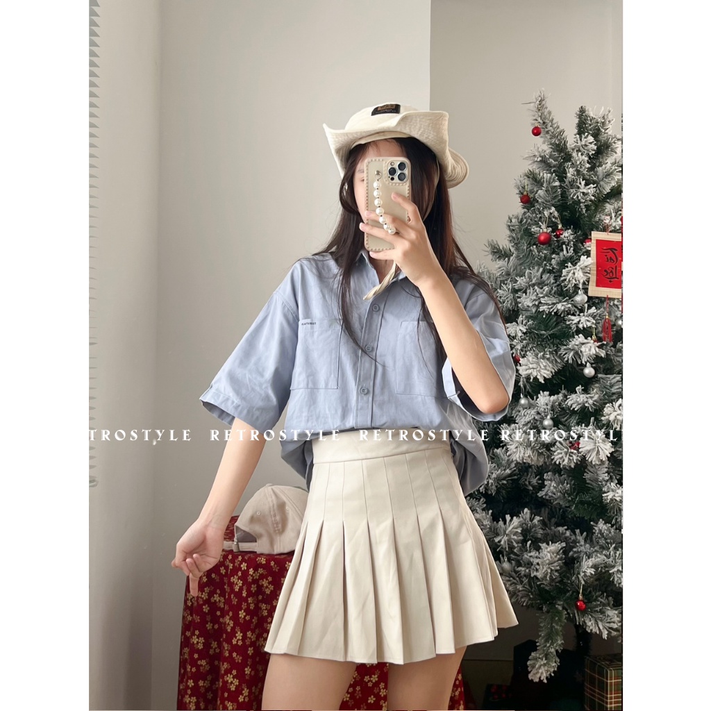 Áo sơ mi tay cộc chữ ESSENTIALS màu xanh chất thô mát form rộng AoSMEssential2619