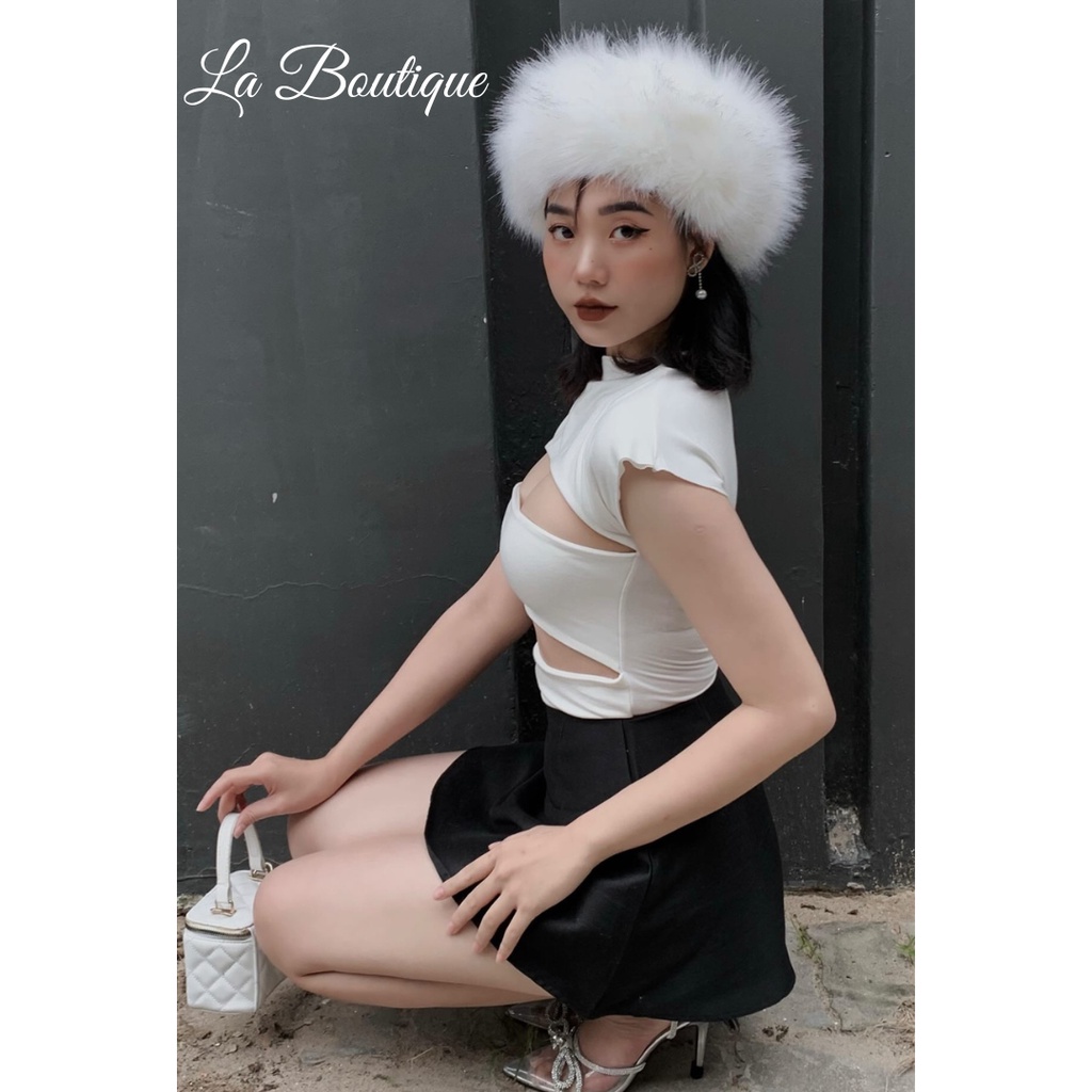 Set chân váy hack eo và áo kiểu tay ngắn khoét ngực trendy La Boutique chất thun lụa ôm body phối nhiều kiểu xinh xắn