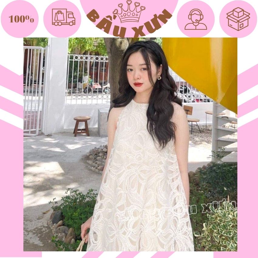 ĐẦM BẦU CỔ YẾM REN XINH XẮN- VÁY BẦU MAXI MẶC ĐI BIỂN ĐI DỰ TIỆC SANG CHẢNH VỚI THIẾT KẾ HOA REN NỔI