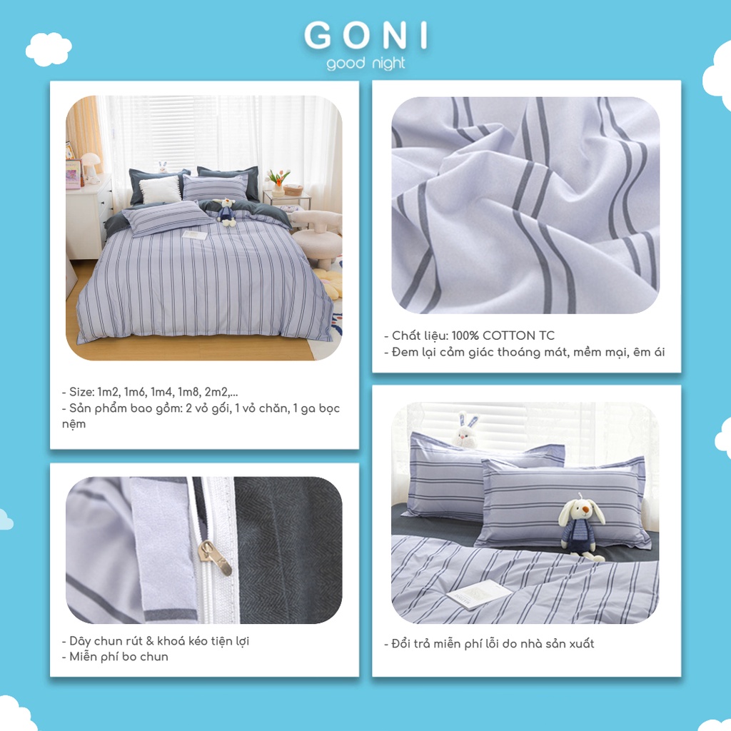 Bộ Chăn Ga Gối GONI Cotton Tici Hoạ Tiết Kẻ Xanh Khói Vintage Đủ Kích Thước Trải Nệm