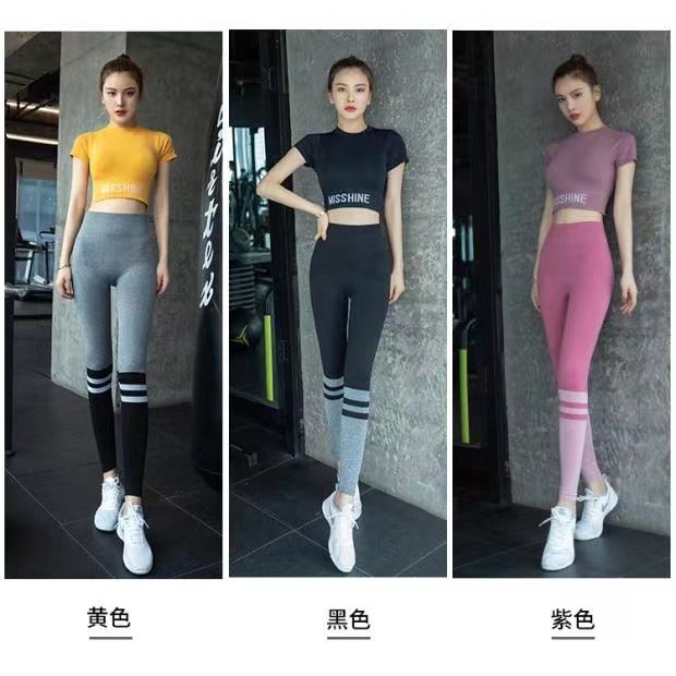 Bộ Áo Thun Tay Ngắn + Quần Dài Ôm Dáng Thoáng Khí Phong Cách Thể Thao Thời Trang Cho Nữ