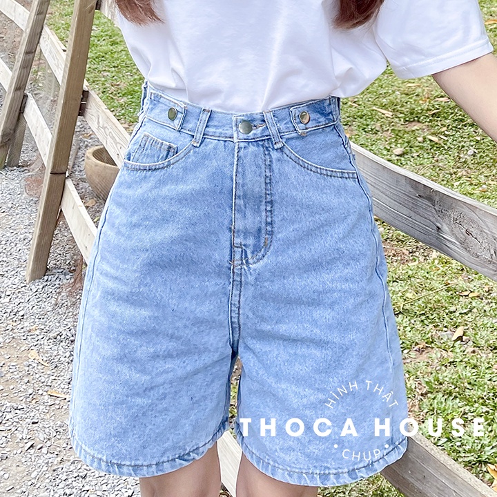 Quần jeans short ngố lai nút lưng kiểu trơn xanh nhạt 064 THOCA HOUSE có size, trẻ trung năng động, dễ phối đồ