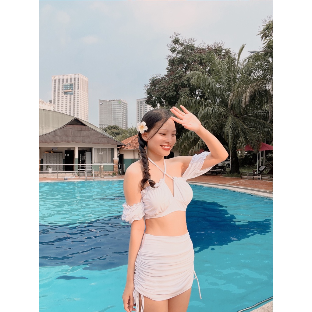 BIKINI TAY BỒNG PHỒNG PHỐI VÁY DÂY RÚT SEXY CAO CẤP - Aster - TAPI - 001