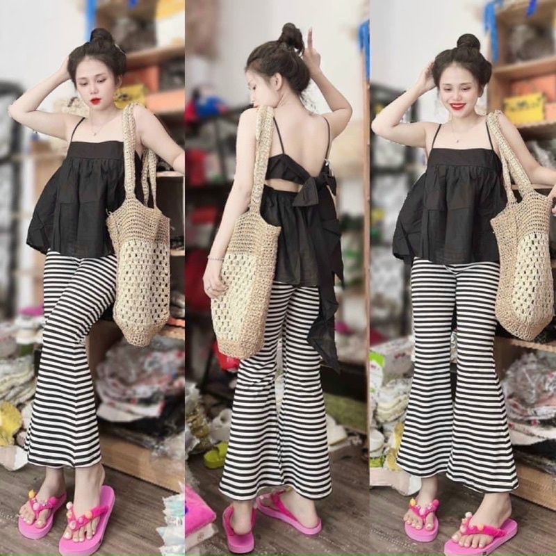 Set Bộ Áo Dây Babidoll Thắt Nơ Lưng Kèm Quần Dài Loe