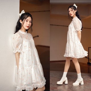 Váy babydoll tơ Hàn, dáng suông tầng cổ nhún bèo phong cách Hàn quốc trẻ trung