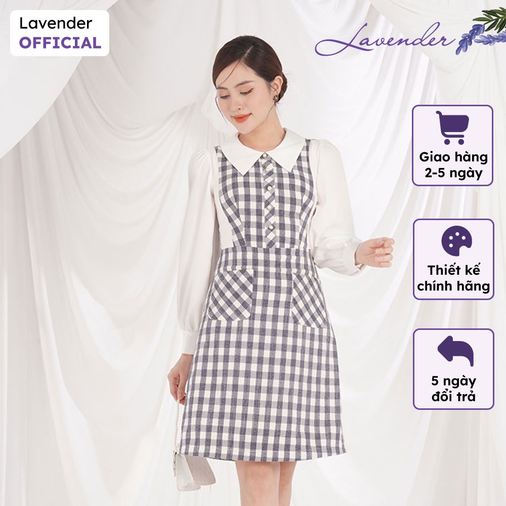 Đầm công sở thiết kế LAVENDER dáng xòe kẻ caro tím than phối tay trắng D2751