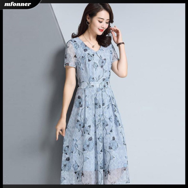 Đầm Dài Tay Ngắn Cổ Chữ V Họa Tiết Hoa Thanh Lịch Cho Nữ