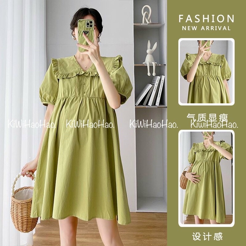 Đầm Bầu Dáng Babydoll Cổ Viền Bèo Xinh